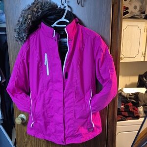 Womens Pink Jacket with Faux Fur Hood